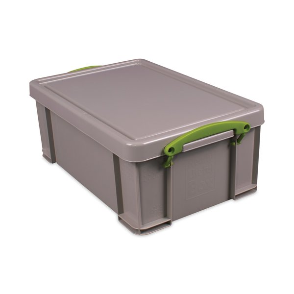 Really Useful Box Latch Lid Storage Tote, 9.51 Qt., 15.55" x 10.04" x 6.1", Dove Gray/Green, PK4, 4PK 9RDG-PK4